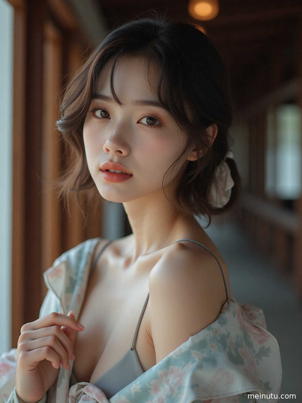 特写画面，年轻成年女性侧颜被柔和高光映照，气质清丽，眼神灵动。
