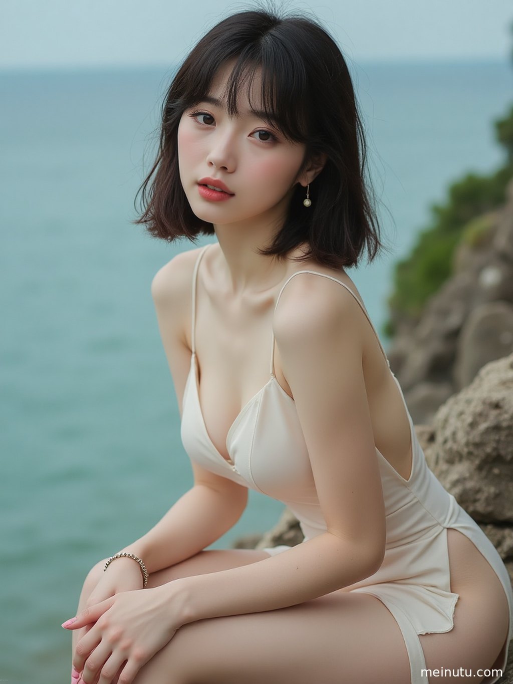 特写镜头下，年轻成年女子精致的妆容与花园中盛开的花朵相映成趣。