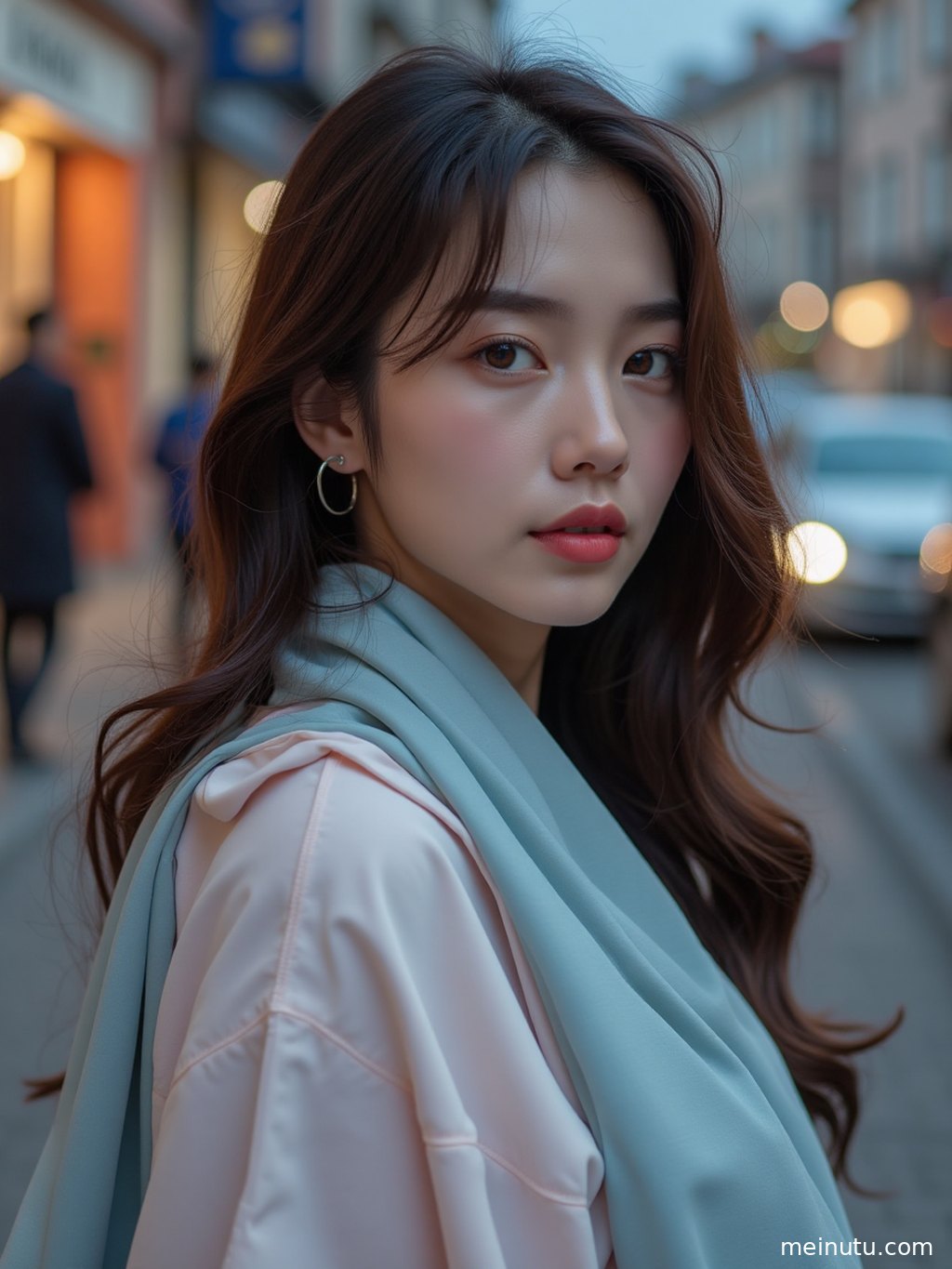 低角度拍摄，年轻成年女性在绿意盎然的庭院中，光影斑驳，充满生机。