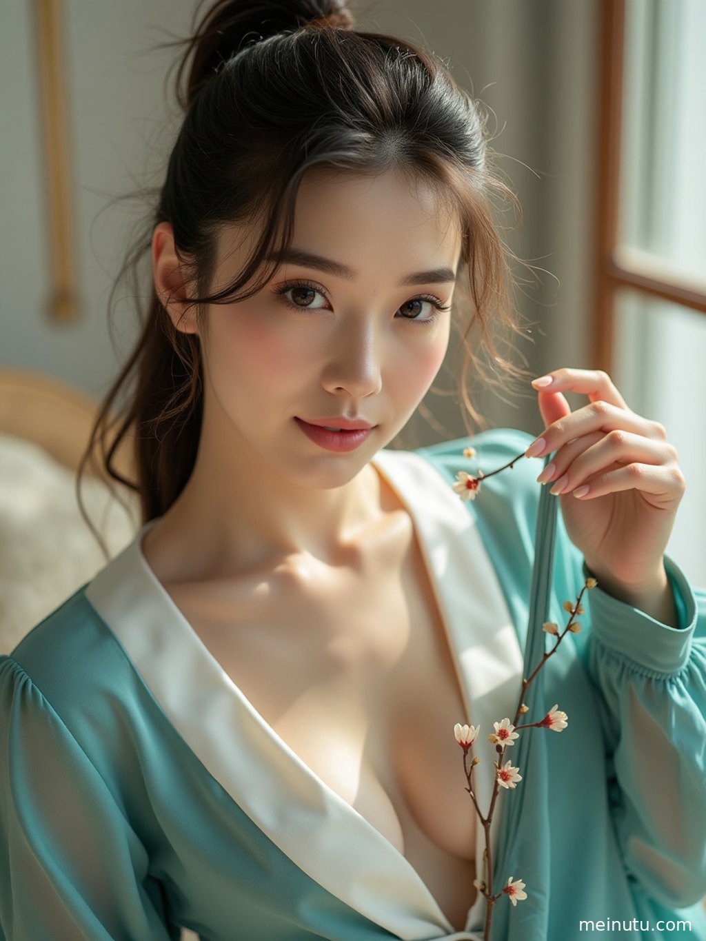 海边沙滩上的脚印，远处年轻成年女性的身影在逆光中若隐若现。