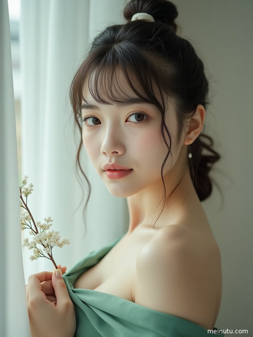 高清桌面壁纸，捕捉了光影交错间，成年女子静谧的瞬间。